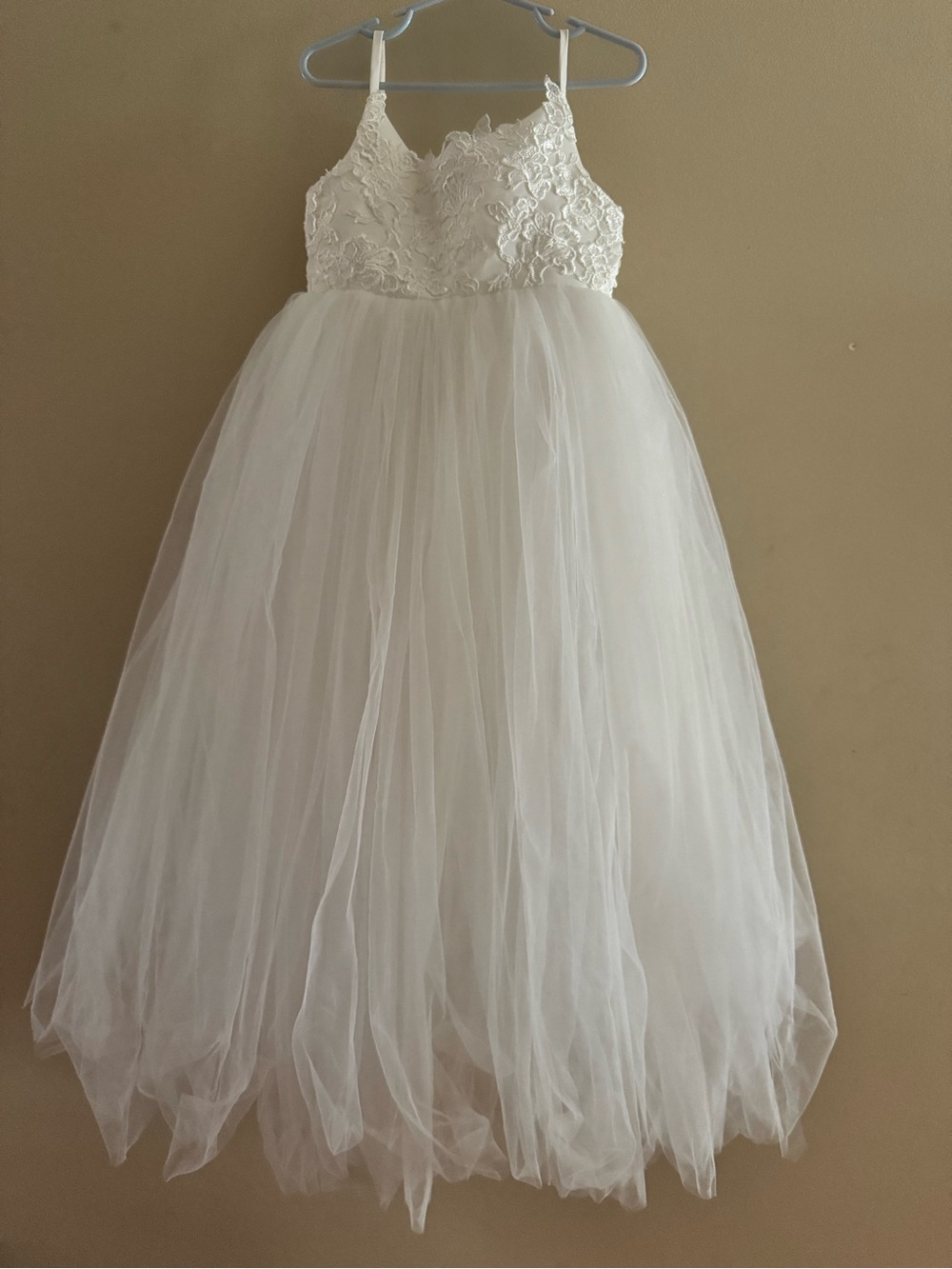 White Lace Tulle Flower Girl Dress Communion Pageant Size 6-7Y